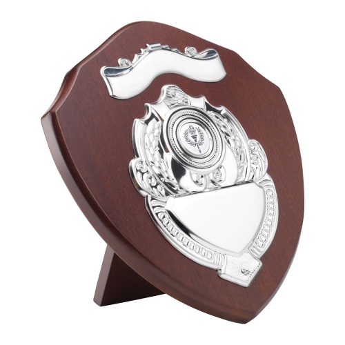 9in Wooden Awards Shield with Top Scroll - Awards Trophies Supplier