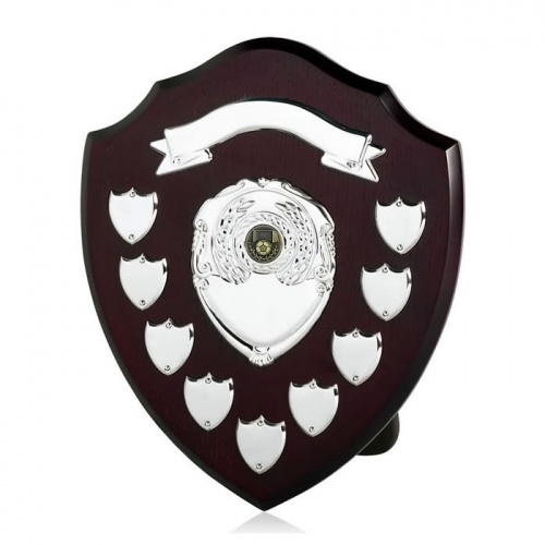 12in Dark Wood Awards Shield with Top Scroll & 9 Side Shields - Awards