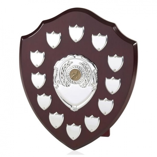 12in Wood Awards Shield with Silver Perpetual Plaques - Awards Trophies
