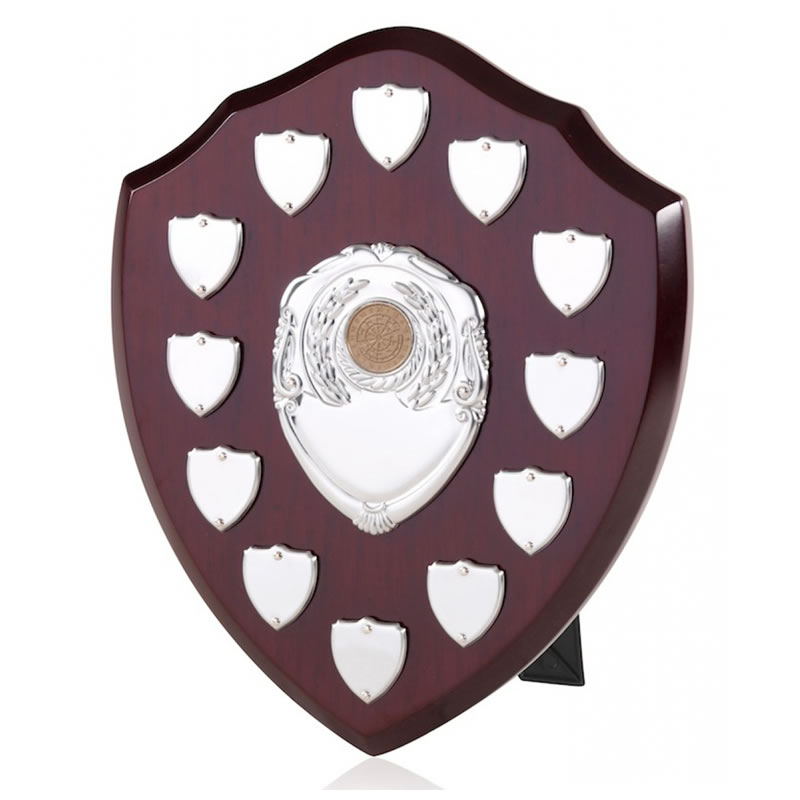10in Dark Wood Awards Shield with 12 Perpetual Plaques - Awards
