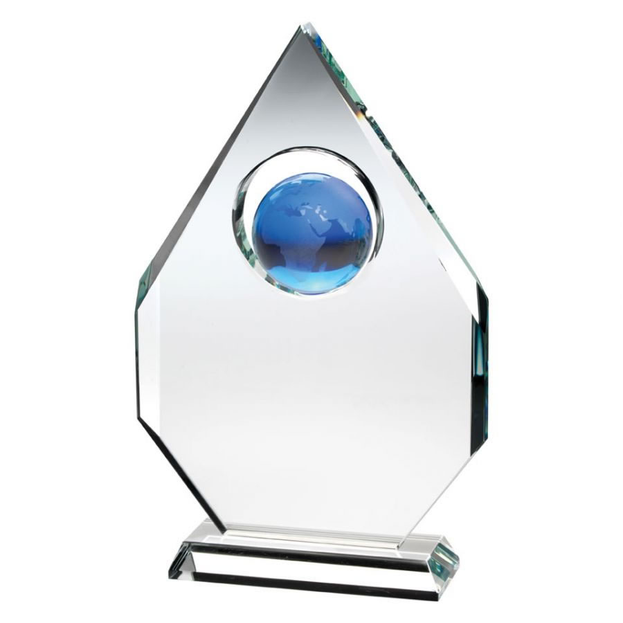 11in Clear Glass Plaque with Blue Glass Globe Awards Trophies Supplier