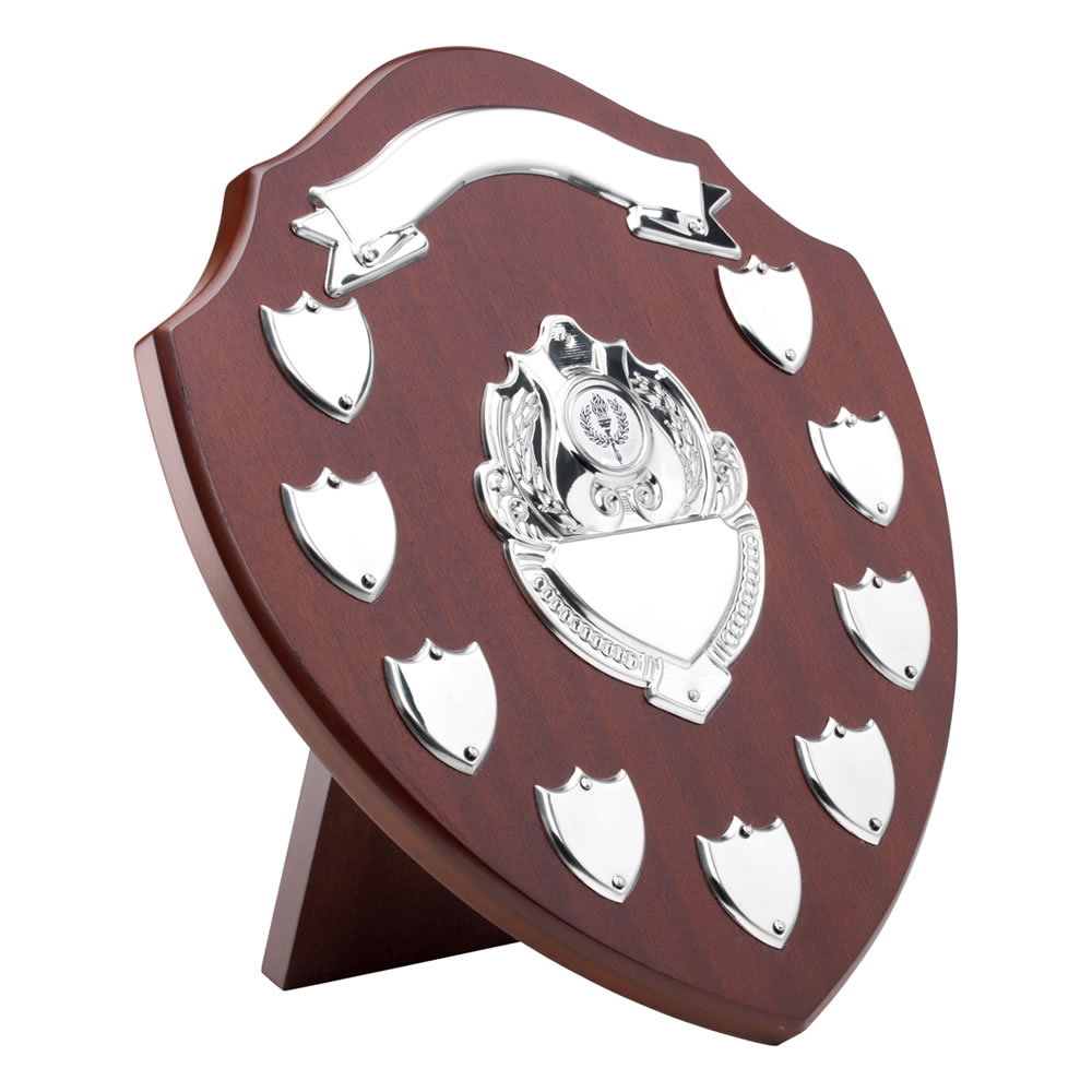 12.75in Wooden Awards Plaque with 9 Side Shields Awards Trophies Supplier