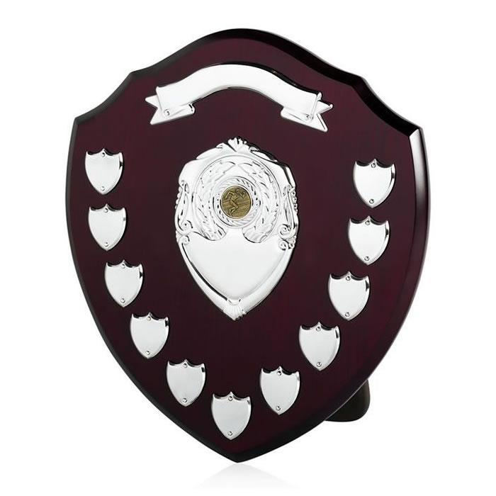 14in Dark Wood Awards Shield with Top Scroll & 11 Side Shields Awards Trophies Supplier