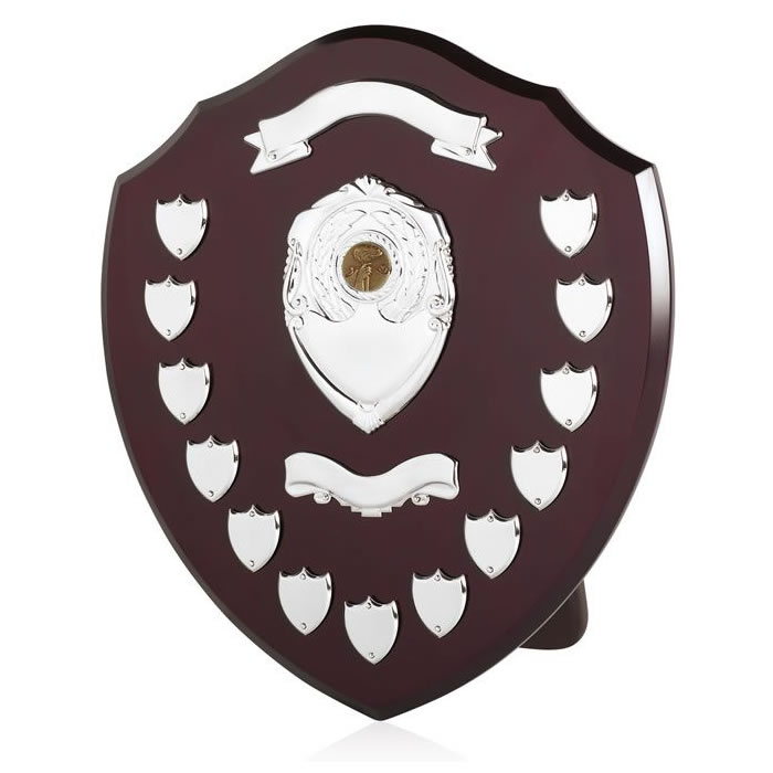 14in Dark Wood Awards Shield with Top Scroll & 11 Side Shields - Awards