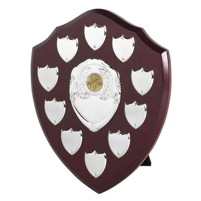 10in Wood Awards Shield with Silver Perpetual Plaques - Awards Trophies