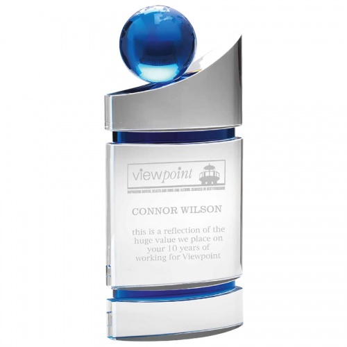 Clear & Blue Glass Domed Award with Blue Globe