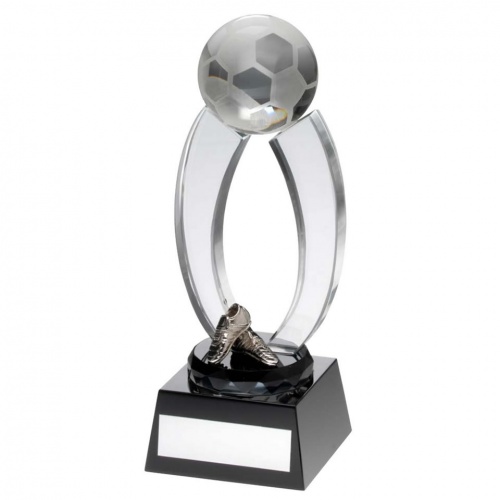 Football Clear Glass Arc Trophy with Boots on Black Base