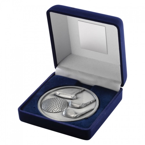 4in Silver Golf Medal in Blue Box