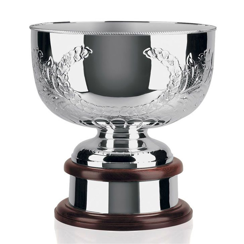 Handchased Trophy Bowl 553 with Flat Gadroon Edge, on Mahogany Base