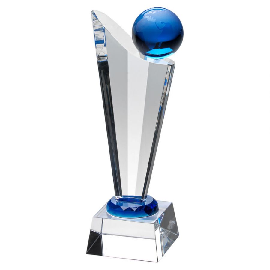 8in Clear & Blue Glass Globe Award JB2030A Awards Trophies Supplier