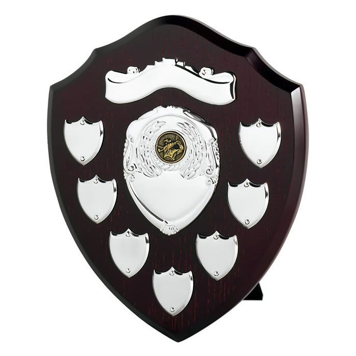 10in Dark Wood Awards Shield with Top Scroll & 7 Side Shields Awards