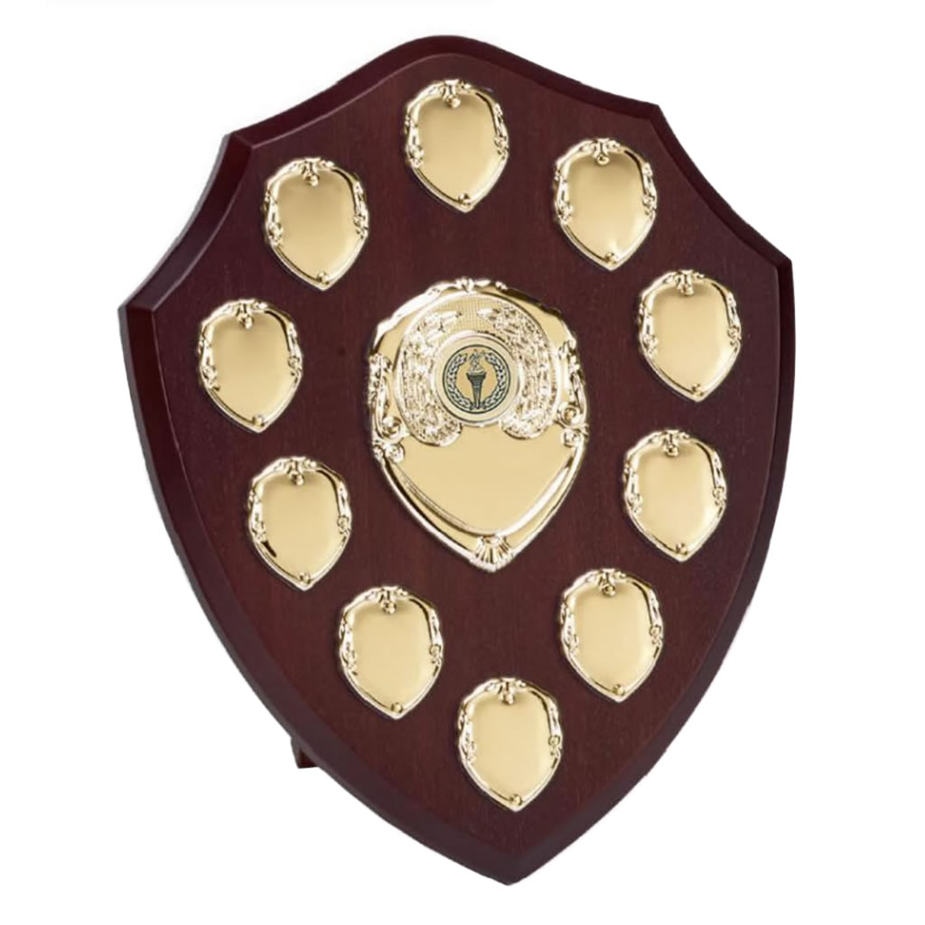 10in Wood Awards Shield with 10 Perpetual Plaques - Awards Trophies