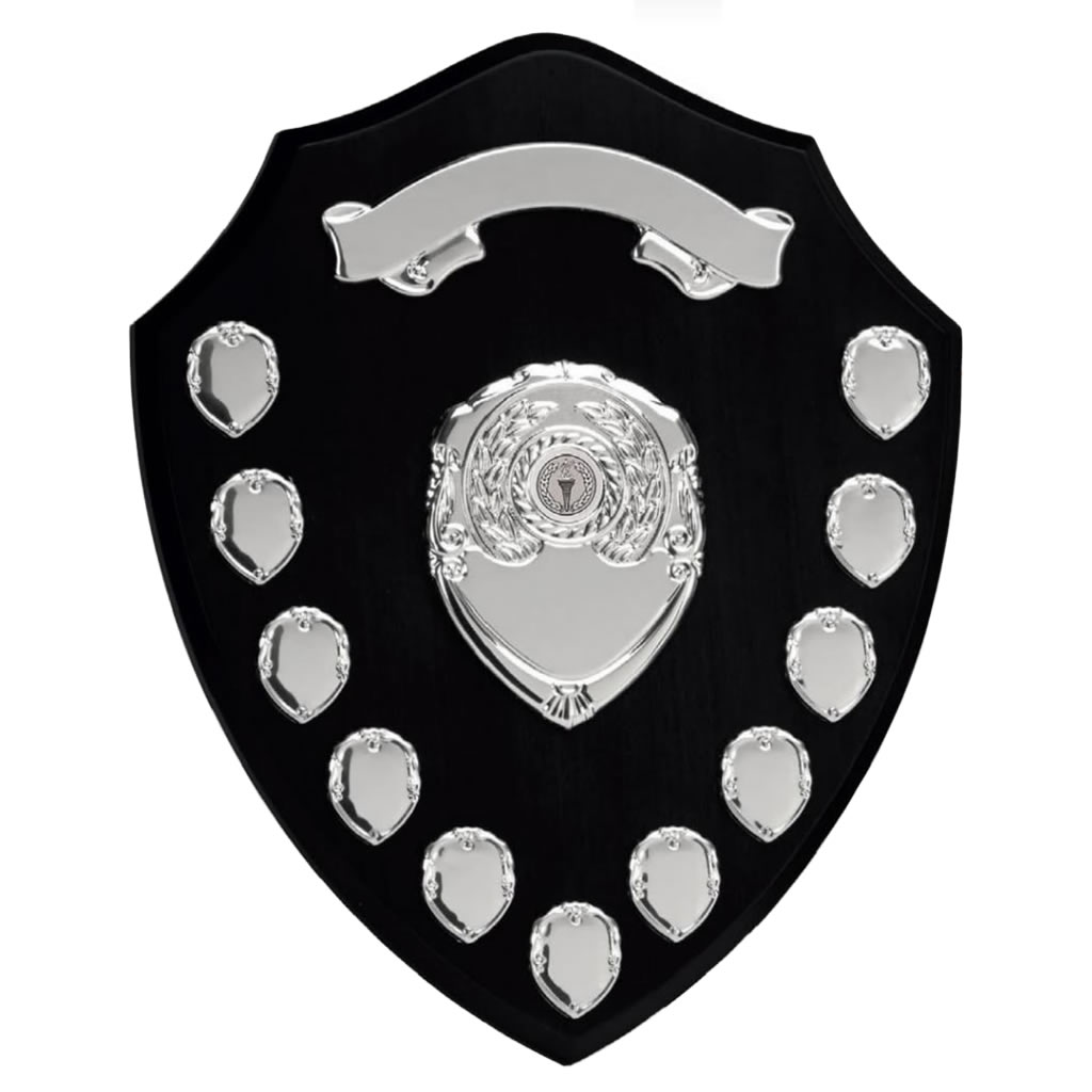 14in Black Awards Shield with Chrome Top Scroll & 11 Side Shields