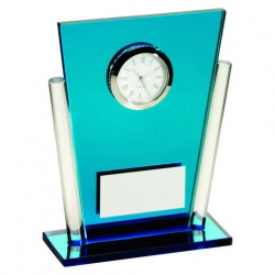 Blue & Clear Glass Tapered Rectangle Clock With Engraving Plate